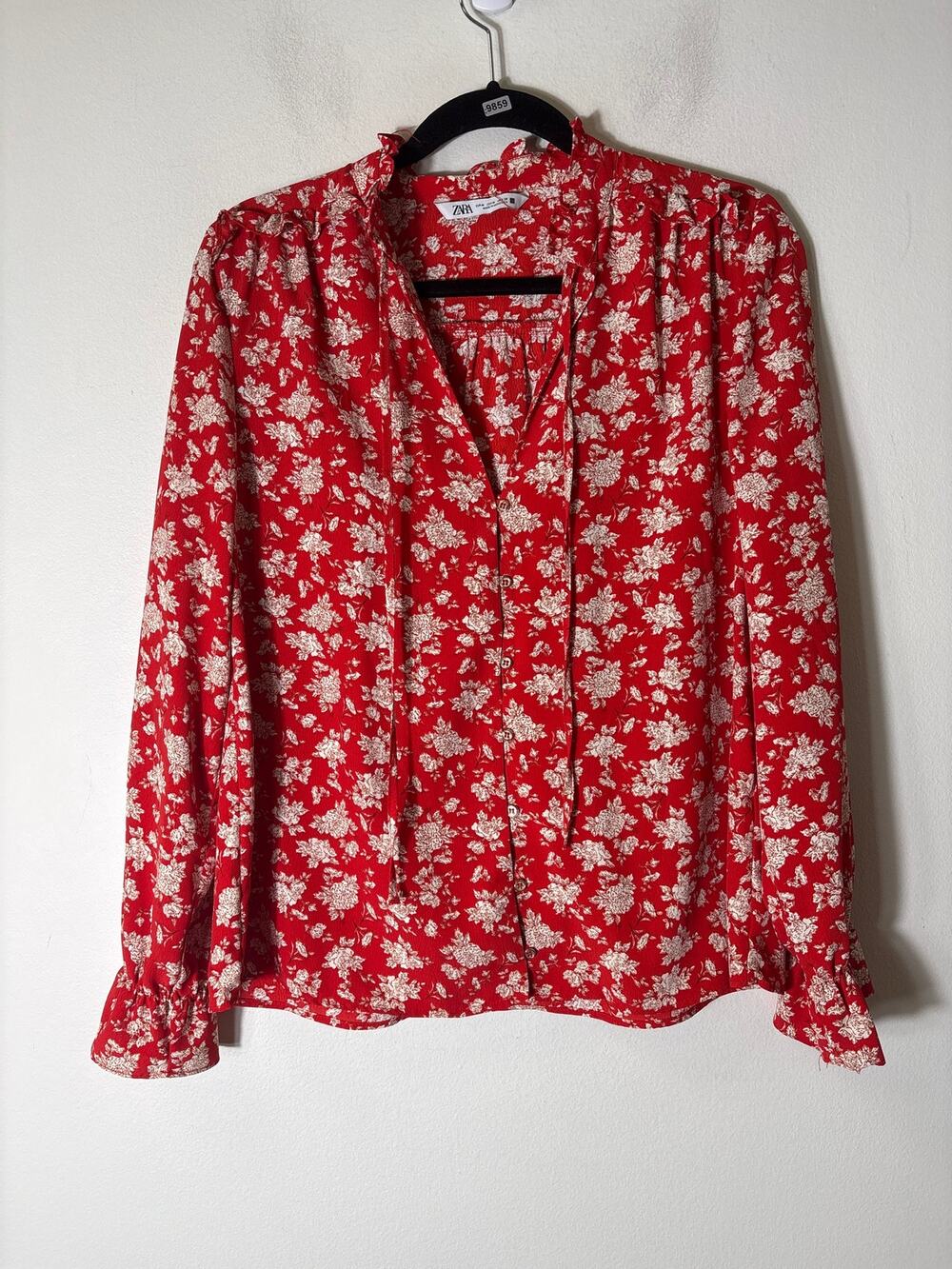 Zara Orange/Red With Cream Rose Long Sleeve Blouse Sz M